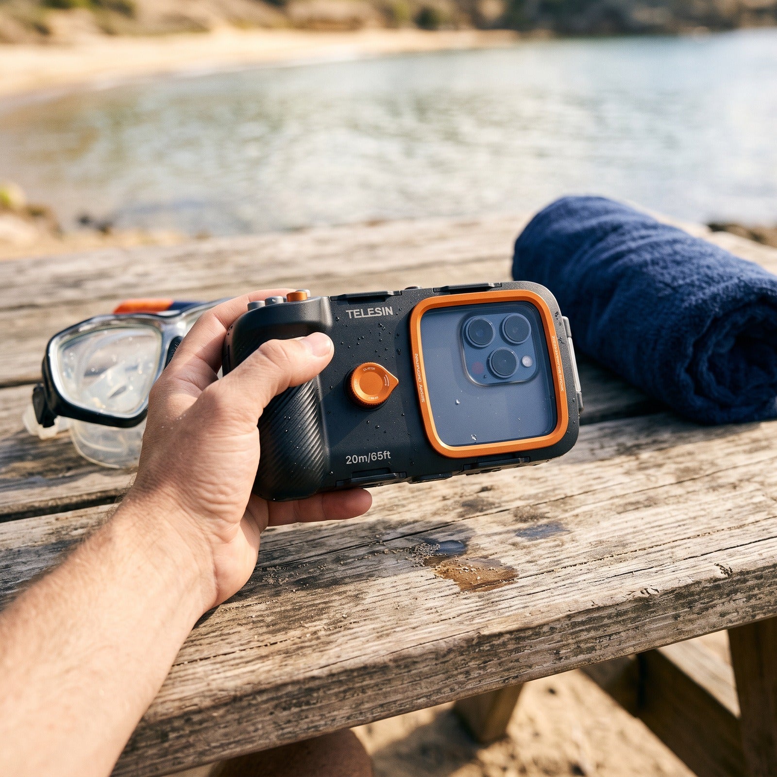 Preparing the Tideglass phone housing on a dry beach table