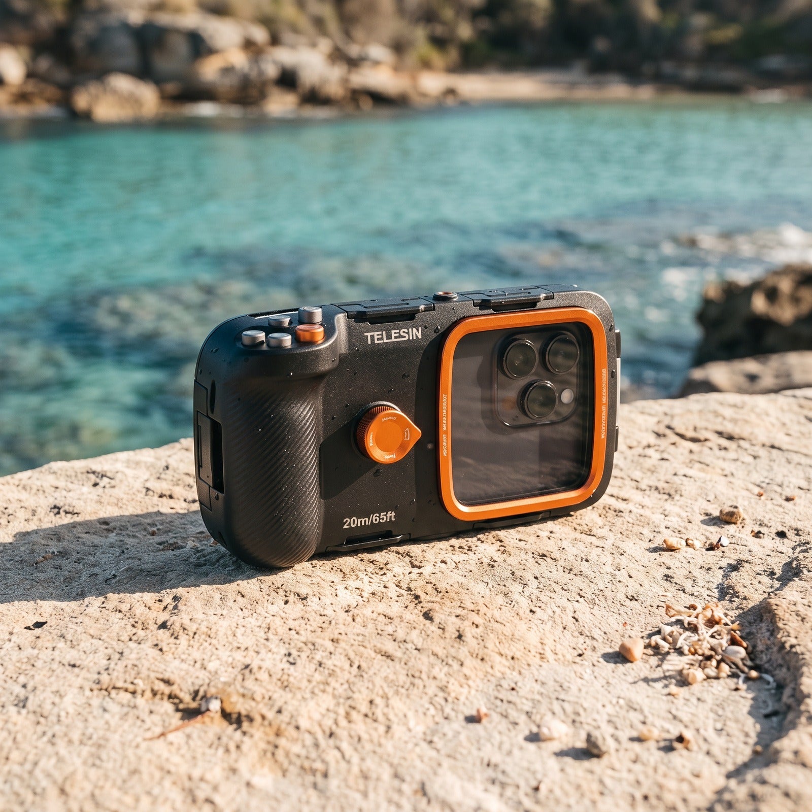 Tideglass black and orange underwater phone housing on a seaside ledge