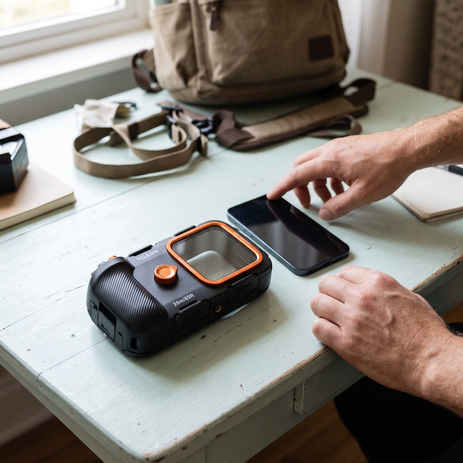 Closed Tideglass housing beside a bare straight-screen phone on a dry home table for a fit check