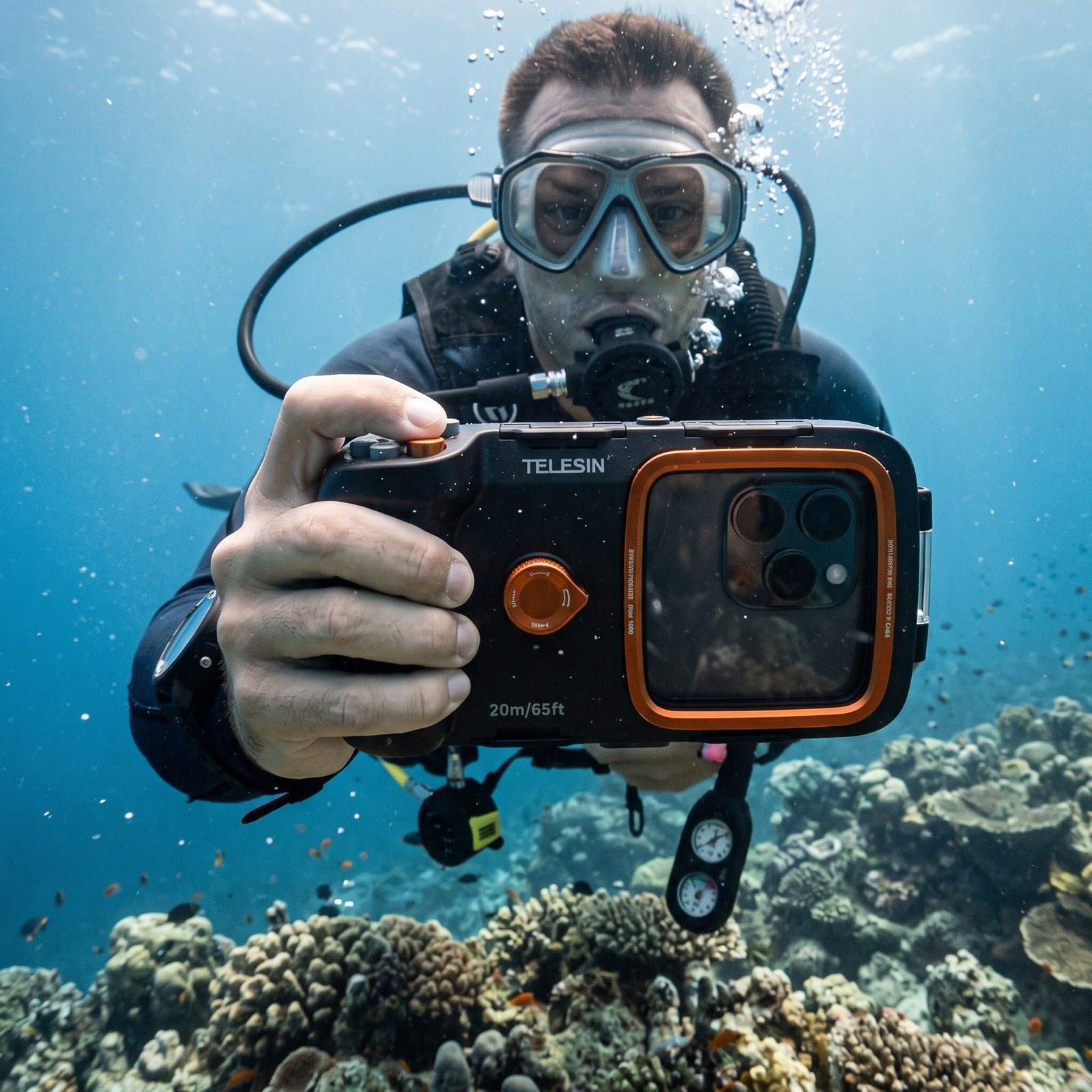Diver filming a reef with the Tideglass housing