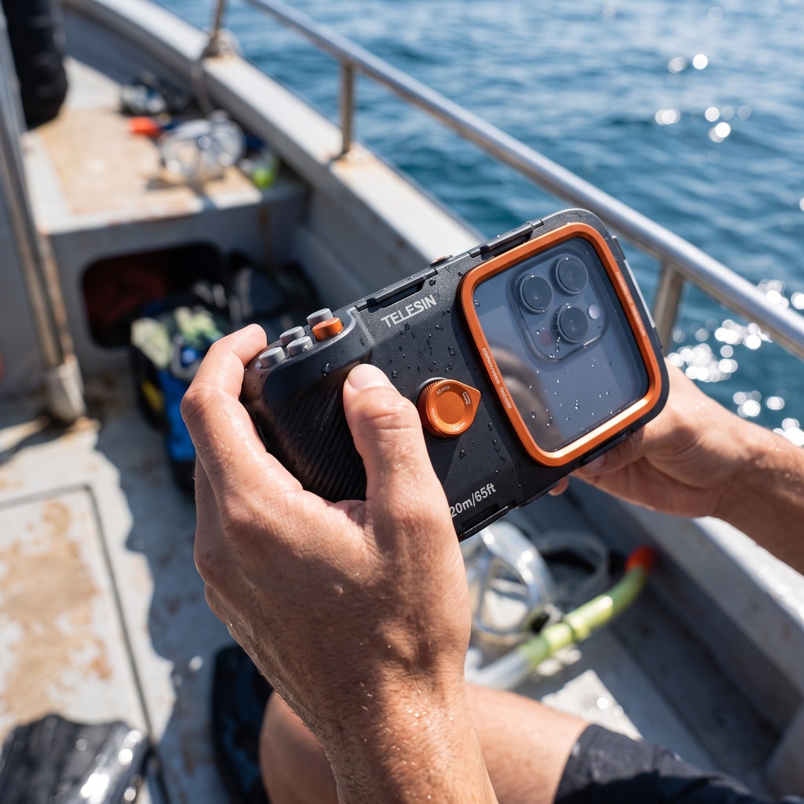 Using a Tideglass shutter button on a boat deck