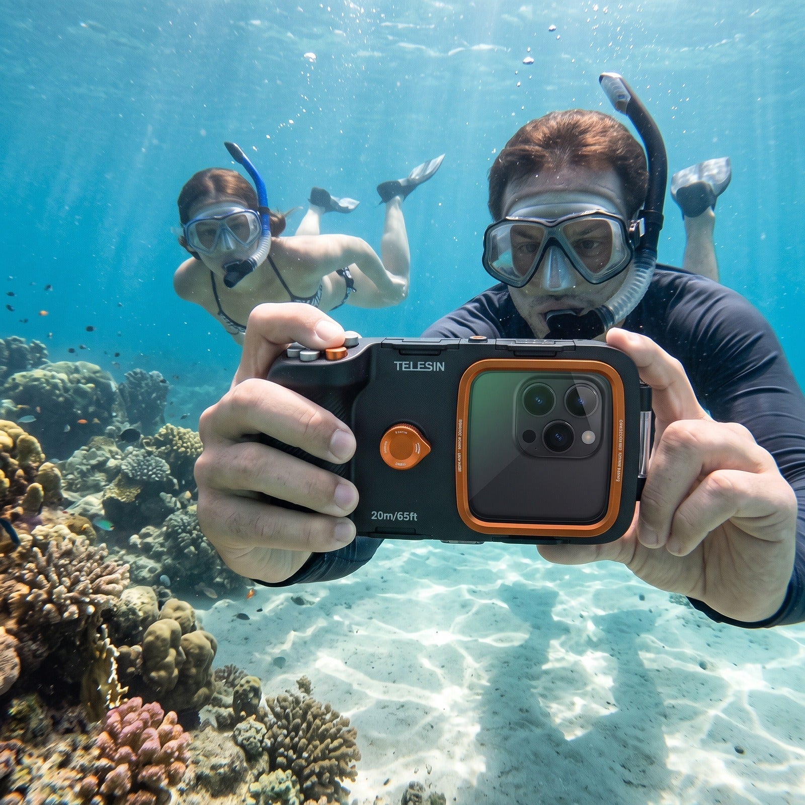 Snorkelers using Tideglass above a shallow reef