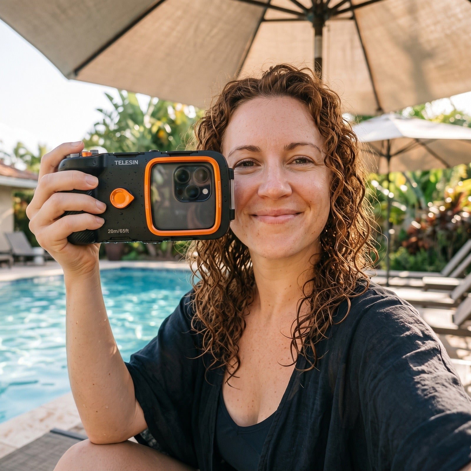 Auburn-haired woman taking a pool selfie with Tideglass