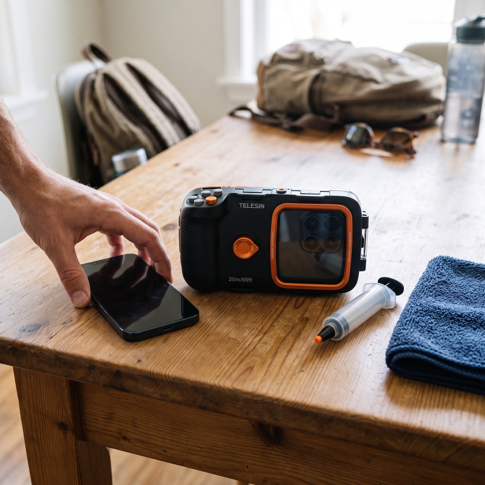 Checking fit with a closed Tideglass housing and bare straight-screen phone on a dry home table
