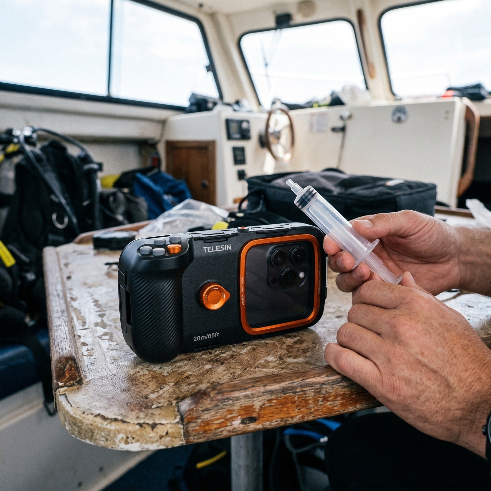 Tideglass housing and vacuum pump ready on a cabin table