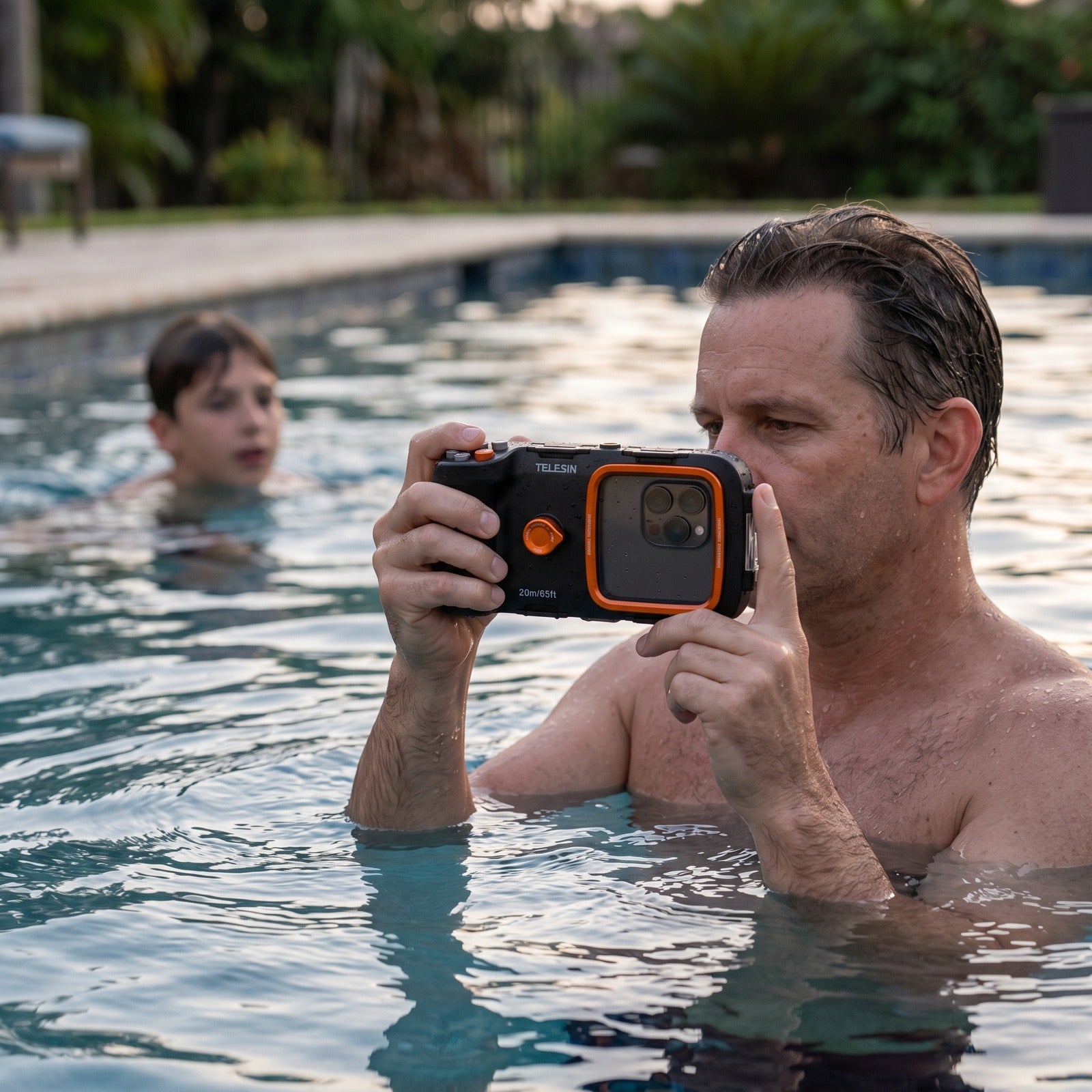 Father with Tideglass during a family pool day