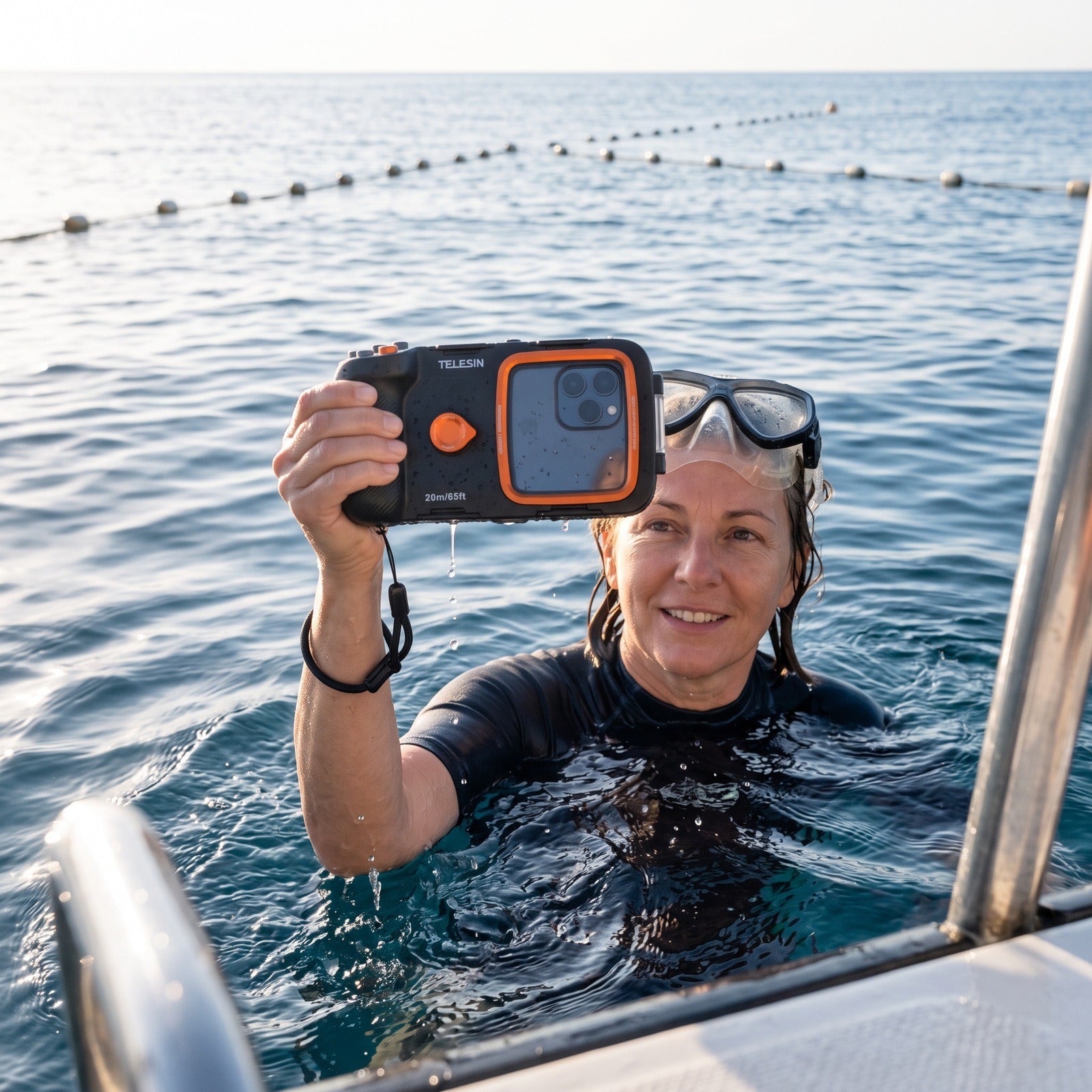Woman lifting the closed Tideglass housing above the sea surface