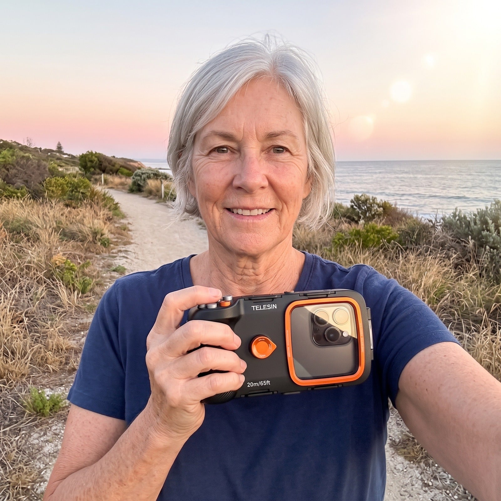 Older woman holding Tideglass for a coastal selfie