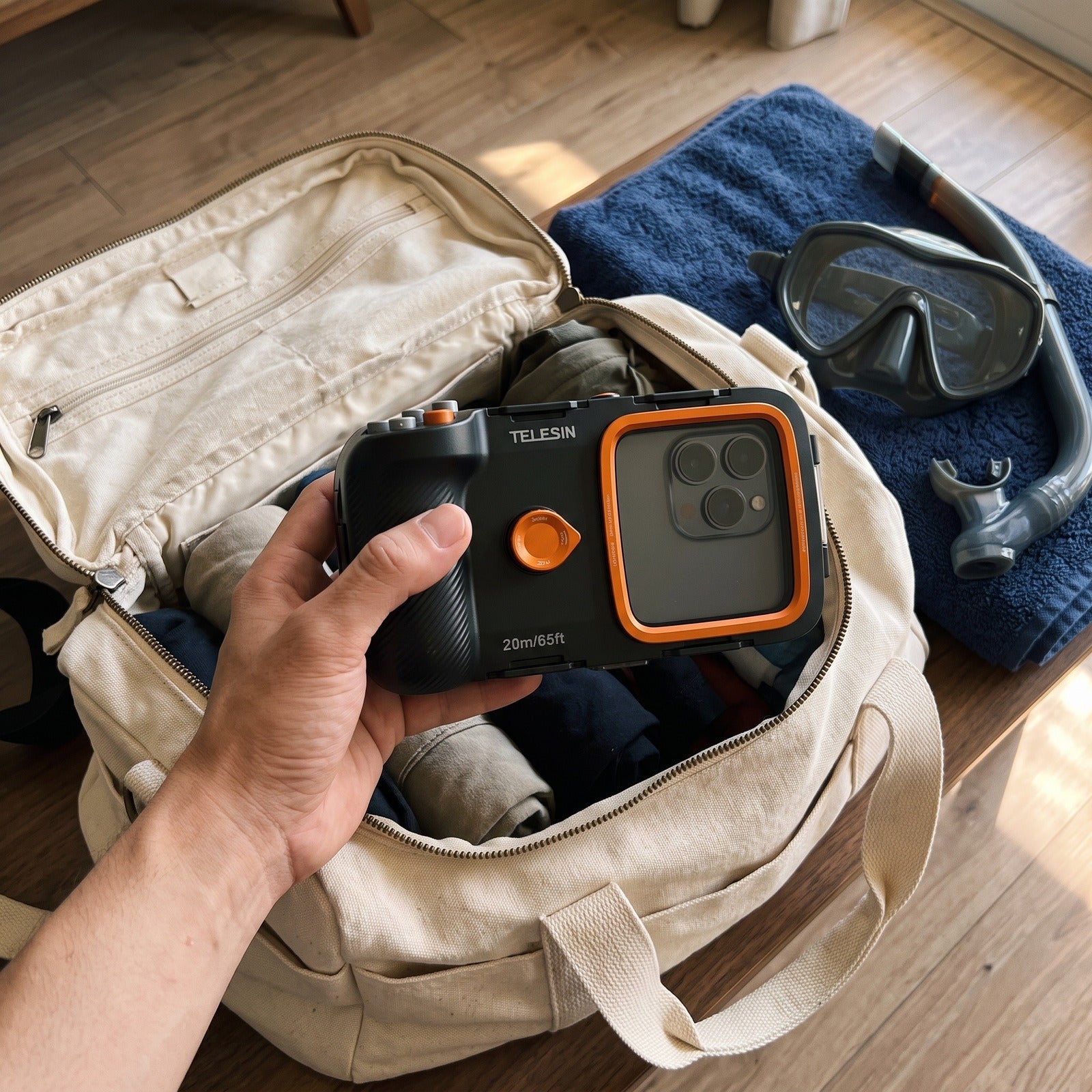 Packing the Tideglass housing in a travel bag