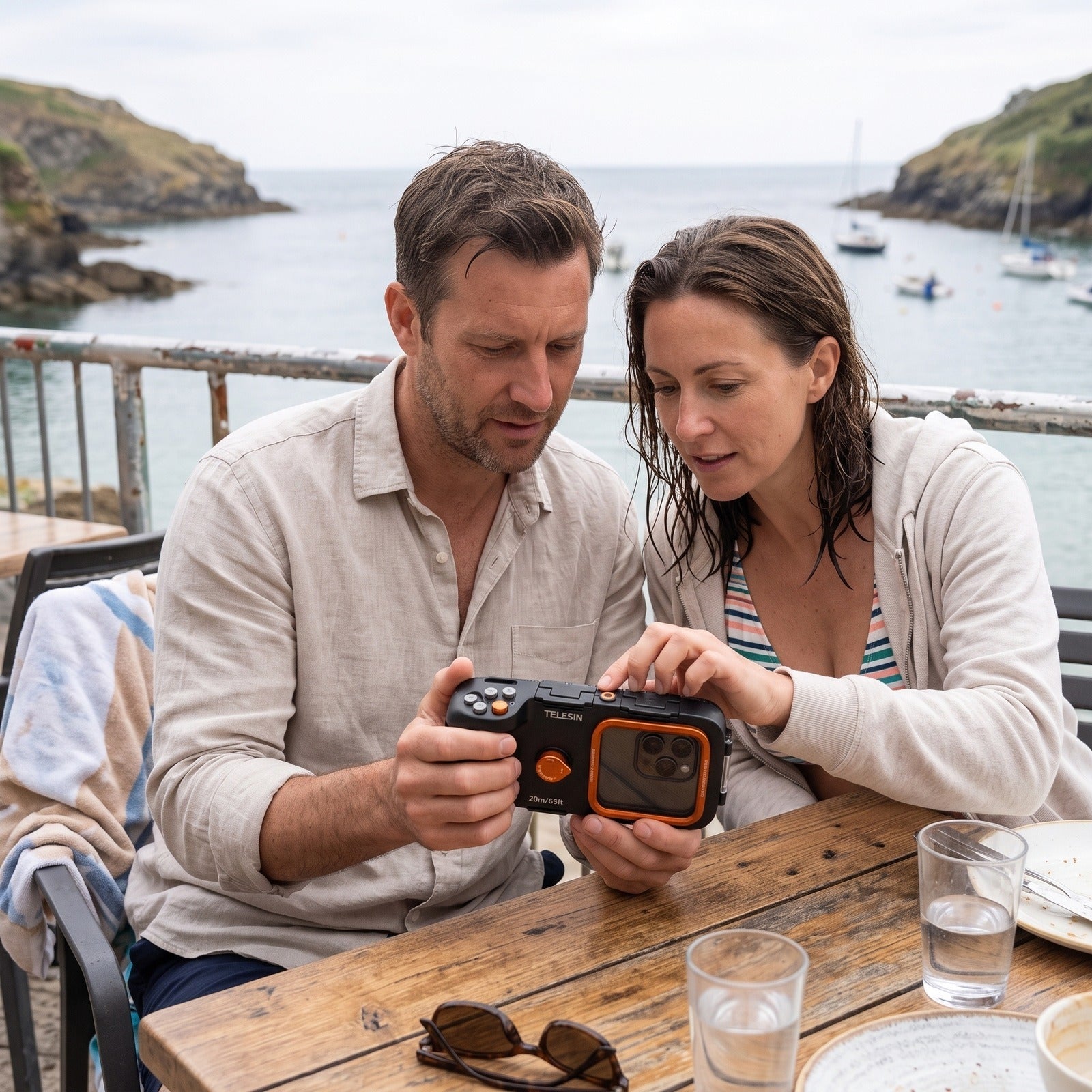 Couple with Tideglass at a cafe overlooking a bay