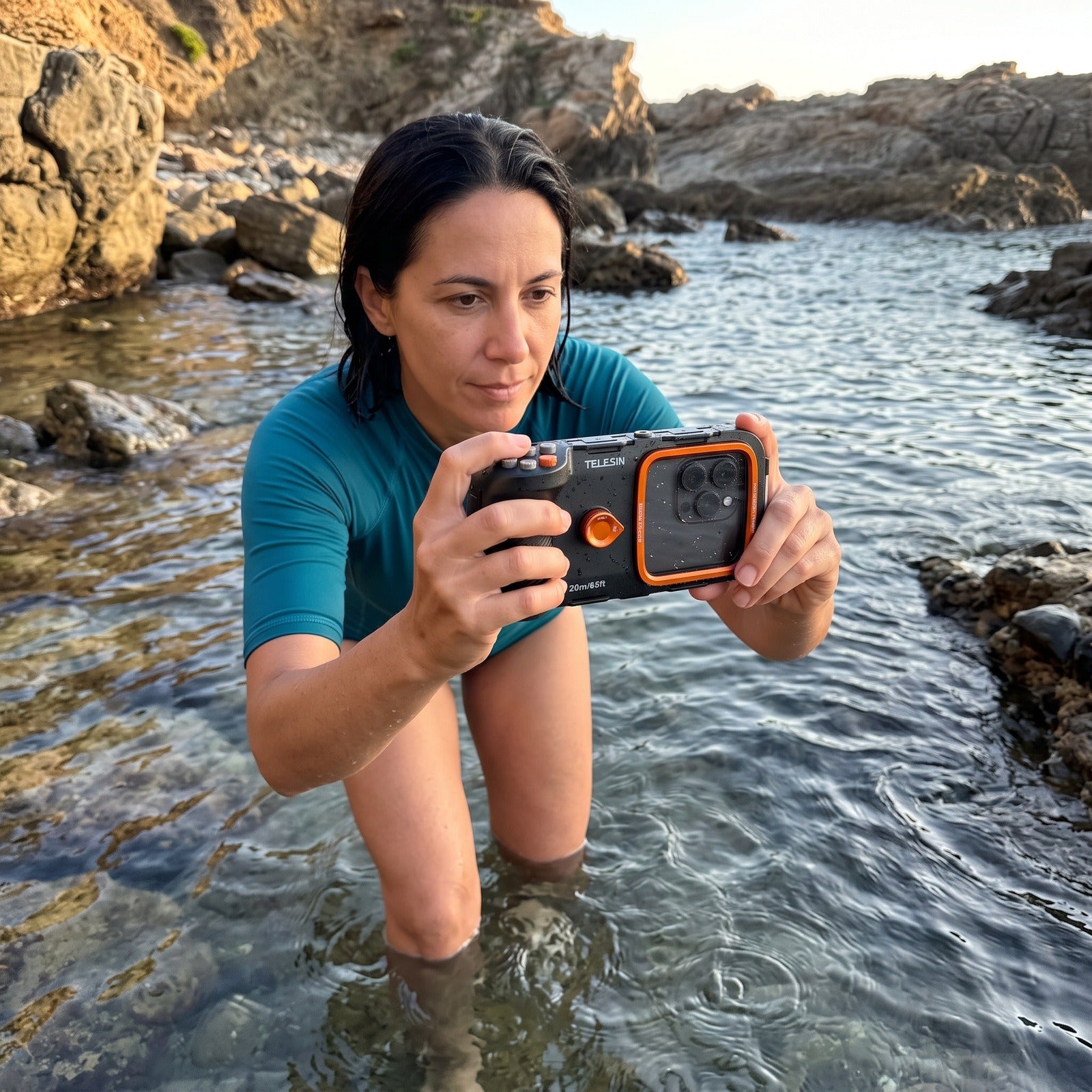 Woman wading at a rocky cove with the closed Tideglass housing